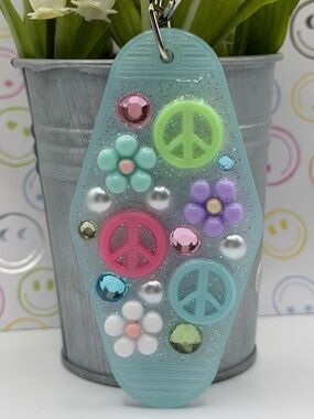 Retro Peace Sign Keychain Pastel Floral Glitter Charm